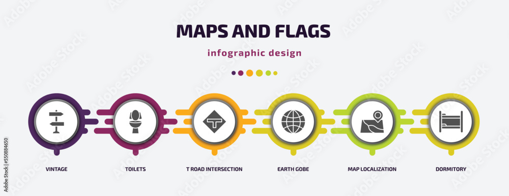 maps and flags infographic element with filled icons and 6 step or option. maps and flags icons such as vintage, toilets, t road intersection, earth gobe, map localization, dormitory vector. can be maps and flags infographic element with filled icons and 6 step or option. maps and flags icons such as vintage, toilets, t road intersection, earth gobe, map localization, dormitory vector. can be