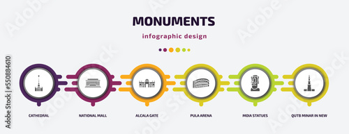 monuments infographic element with filled icons and 6 step or option. monuments icons such as cathedral, national mall, alcala gate, pula arena, moia statues, qutb minar in new delhi vector. can be
