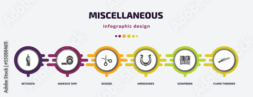 miscellaneous infographic element with filled icons and 6 step or option. miscellaneous icons such as detergen, adhesive tape, scissor, horseshoes, scrapbook, flame thrower vector. can be used for