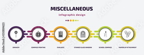miscellaneous infographic element with filled icons and 6 step or option. miscellaneous icons such as diminish, compass pointing north, evaluate, stained glass window, school compass, paperclip
