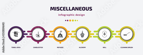 miscellaneous infographic element with filled icons and 6 step or option. miscellaneous icons such as towel rack, candlestick, refugee, alchemy, will, cleaning brush vector. can be used for banner,