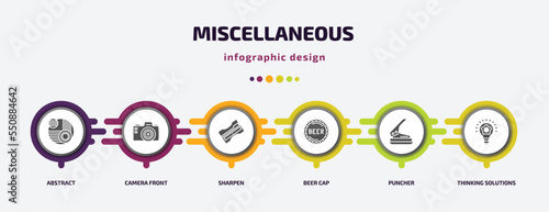 miscellaneous infographic element with filled icons and 6 step or option. miscellaneous icons such as abstract, camera front, sharpen, beer cap, puncher, thinking solutions vector. can be used for