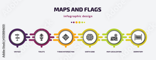 maps and flags infographic element with filled icons and 6 step or option. maps and flags icons such as vintage, toilets, t road intersection, earth gobe, map localization, dormitory vector. can be