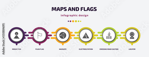 maps and flags infographic element with filled icons and 6 step or option. maps and flags icons such as mount fuji, plain flag, navigate, electrocutation danger, crossing road caution, locator photo