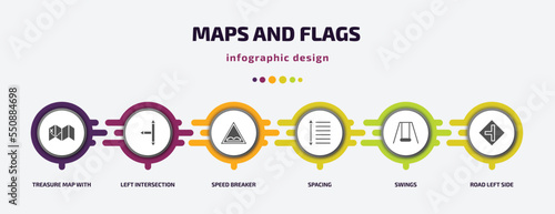 maps and flags infographic element with filled icons and 6 step or option. maps and flags icons such as treasure map with x, left intersection, speed breaker, spacing, swings, road left side vector.