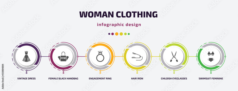 woman clothing infographic element with filled icons and 6 step or option. woman clothing icons such as vintage dress, female black handbag, engagement ring, hair iron, childish eyeglasses, swimsuit woman clothing infographic element with filled icons and 6 step or option. woman clothing icons such as vintage dress, female black handbag, engagement ring, hair iron, childish eyeglasses, swimsuit