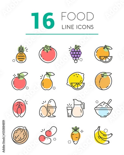 16 food icons healthy eating in sitl line art color