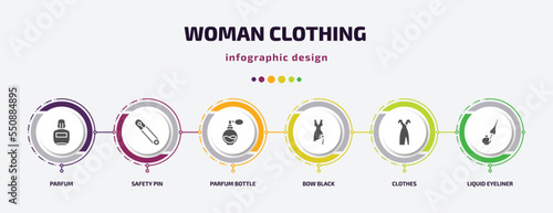woman clothing infographic element with filled icons and 6 step or option. woman clothing icons such as parfum, safety pin, parfum bottle, bow black, clothes, liquid eyeliner vector. can be used for