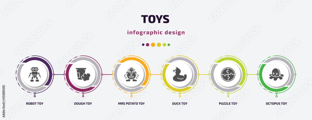toys infographic element with filled icons and 6 step or option. toys icons such as robot toy, dough toy, mrs potato toy, duck puzzle octopus vector. can be used for banner, info graph, web. toys infographic element with filled icons and 6 step or option. toys icons such as robot toy, dough toy, mrs potato toy, duck puzzle octopus vector. can be used for banner, info graph, web.