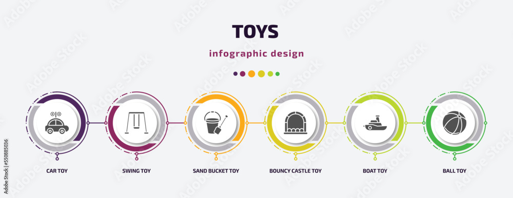 toys infographic element with filled icons and 6 step or option. toys icons such as car toy, swing toy, sand bucket toy, bouncy castle boat ball vector. can be used for banner, info graph, web. toys infographic element with filled icons and 6 step or option. toys icons such as car toy, swing toy, sand bucket toy, bouncy castle boat ball vector. can be used for banner, info graph, web.