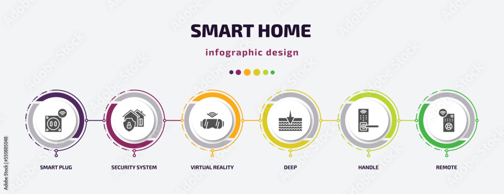 smart home infographic element with filled icons and 6 step or option. smart home icons such as smart plug, security system, virtual reality, deep, handle, remote vector. can be used for banner, smart home infographic element with filled icons and 6 step or option. smart home icons such as smart plug, security system, virtual reality, deep, handle, remote vector. can be used for banner,
