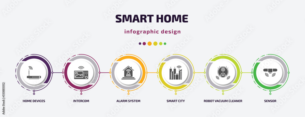 smart home infographic element with filled icons and 6 step or option. smart home icons such as home devices, intercom, alarm system, smart city, robot vacuum cleaner, sensor vector. can be used for smart home infographic element with filled icons and 6 step or option. smart home icons such as home devices, intercom, alarm system, smart city, robot vacuum cleaner, sensor vector. can be used for