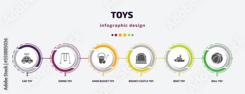 toys infographic element with filled icons and 6 step or option. toys icons such as car toy, swing toy, sand bucket toy, bouncy castle boat ball vector. can be used for banner, info graph, web.