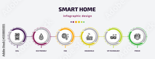 smart home infographic element with filled icons and 6 step or option. smart home icons such as dial, eco friendly, fan, household, vr technology, freeze vector. can be used for banner, info graph,