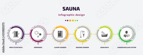sauna infographic element with filled icons and 6 step or option. sauna icons such as irish steam bath, hormones, luxury shower, dousing shower, asian bath, cardiovascular system vector. can be used