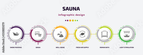 sauna infographic element with filled icons and 6 step or option. sauna icons such as snow paradise, banja, well-being, fresh air supply, roman bath, light stimulation vector. can be used for