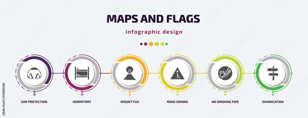 maps and flags infographic element with filled icons and 6 step or option. maps and flags icons such as ear protection, dormitory, mount fuji, road joining, no smoking pipe, divarication vector. can maps and flags infographic element with filled icons and 6 step or option. maps and flags icons such as ear protection, dormitory, mount fuji, road joining, no smoking pipe, divarication vector. can