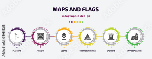 maps and flags infographic element with filled icons and 6 step or option. maps and flags icons such as plain flag, mine site, locato, electrocution risk, las vegas, map localization vector. can be