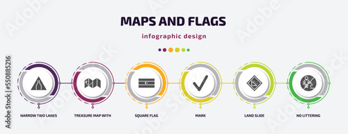 maps and flags infographic element with filled icons and 6 step or option. maps and flags icons such as narrow two lanes, treasure map with x, square flag, mark, land slide, no littering vector. can