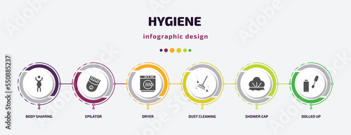 hygiene infographic element with filled icons and 6 step or option. hygiene icons such as body shaming, epilator, dryer, dust cleaning, shower cap, dolled up vector. can be used for banner, info