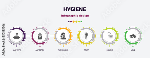 hygiene infographic element with filled icons and 6 step or option. hygiene icons such as baby wipe, antiseptic, face washer, primp, douche, lens vector. can be used for banner, info graph, web.
