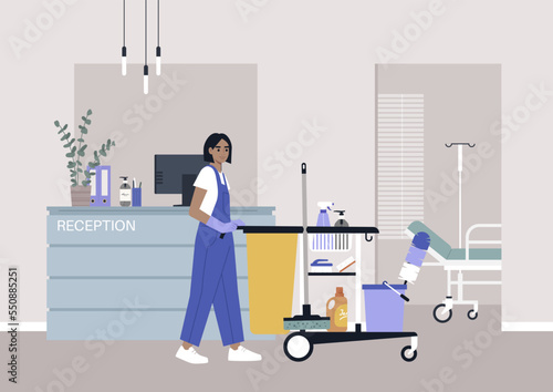 A young character in overall uniform rolling a janitor cleaning service cart