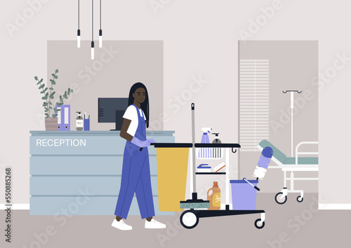A young character in overall uniform rolling a janitor cleaning service cart