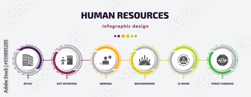 human resources infographic element with filled icons and 6 step or option. human resources icons such as office, exit interview, working, benchmarking, 12 hours, target audience vector. can be used