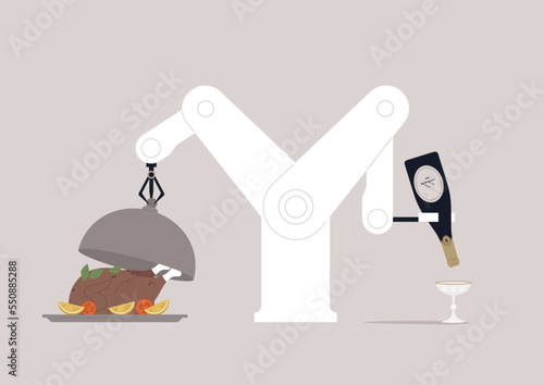 Celebratory event, A robotic barista arm simultaneously pouring champagne in a vintage glass, and serving turkey by lifting a cloche lid