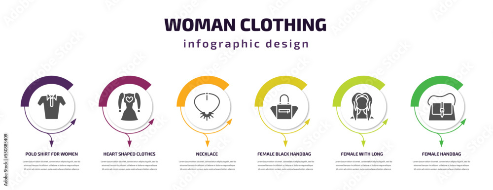 woman clothing infographic element with filled icons and 6 step or option. woman clothing icons such as polo shirt for women, heart shaped clothes, necklace, female black handbag, female with long