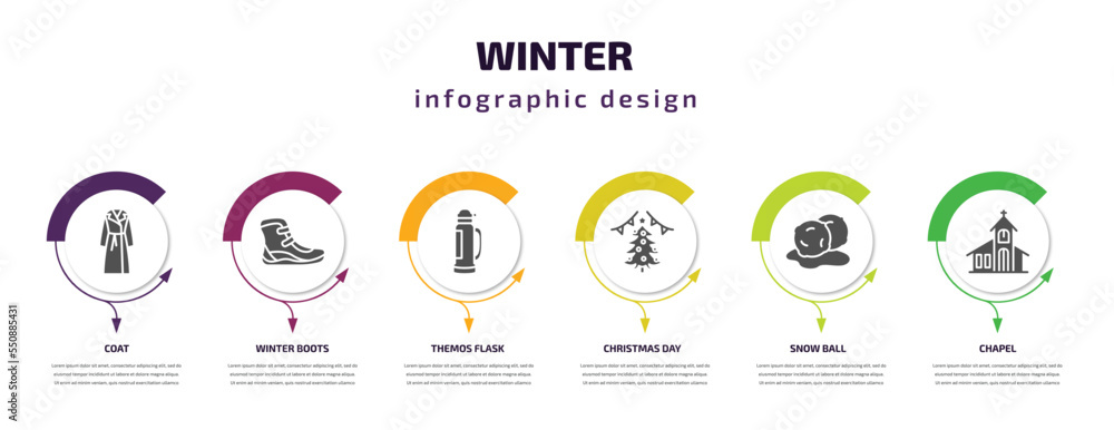 winter infographic element with filled icons and 6 step or option. winter icons such as coat, winter boots, themos flask, christmas day, snow ball, chapel vector. can be used for banner, info graph, winter infographic element with filled icons and 6 step or option. winter icons such as coat, winter boots, themos flask, christmas day, snow ball, chapel vector. can be used for banner, info graph,