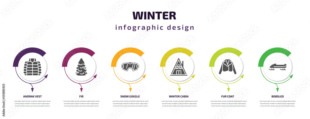 winter infographic element with filled icons and 6 step or option. winter icons such as anorak vest, fir, snow goggle, winter cabin, fur coat, bobsled vector. can be used for banner, info graph,