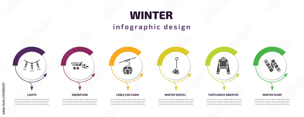 winter infographic element with filled icons and 6 step or option. winter icons such as lights, snowplow, cable car cabin, winter shovel, turtleneck sweater, scarf vector. can be used for banner, winter infographic element with filled icons and 6 step or option. winter icons such as lights, snowplow, cable car cabin, winter shovel, turtleneck sweater, scarf vector. can be used for banner,