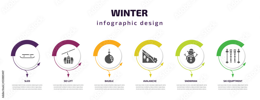 winter infographic element with filled icons and 6 step or option. winter icons such as sled, ski lift, bauble, avalanche, snowman, ski equiptment vector. can be used for banner, info graph, web. winter infographic element with filled icons and 6 step or option. winter icons such as sled, ski lift, bauble, avalanche, snowman, ski equiptment vector. can be used for banner, info graph, web.