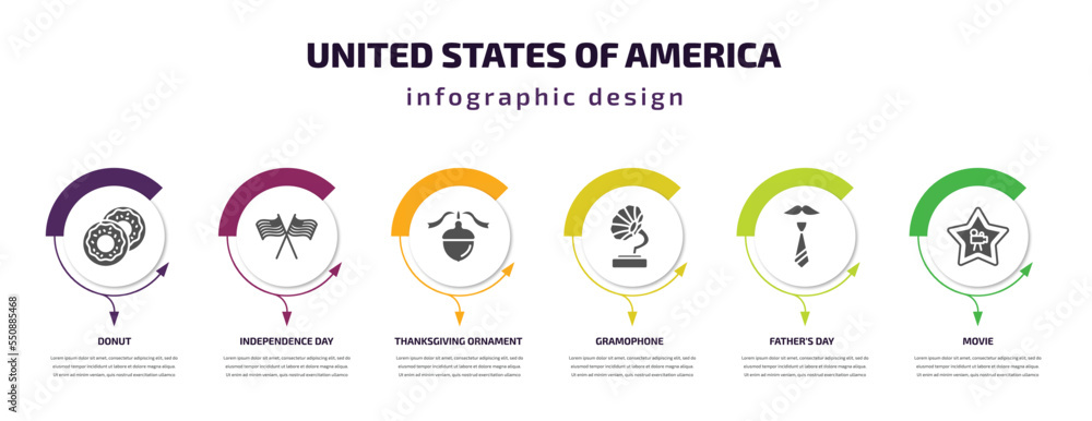 united states of america infographic element with filled icons and 6 step or option. united states of america icons such as donut, independence day, thanksgiving ornament, gramophone, father's day,