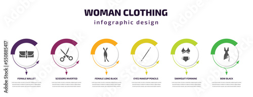 woman clothing infographic element with filled icons and 6 step or option. woman clothing icons such as female wallet, scissors inverted view, female long black dress, eyes makeup pencils, swimsuit