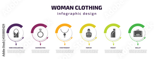 woman clothing infographic element with filled icons and 6 step or option. woman clothing icons such as hobo shoulder bag, diamond ring, star pendant, parfum, pocket, wallet vector. can be used for