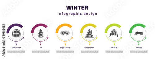 winter infographic element with filled icons and 6 step or option. winter icons such as anorak vest, fir, snow goggle, winter cabin, fur coat, bobsled vector. can be used for banner, info graph,