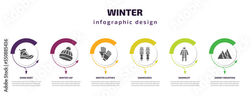 winter infographic element with filled icons and 6 step or option. winter icons such as snow boot, winter cap, clothes, snowshoes, snowsuit, snowy mountain vector. can be used for banner, info