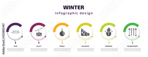 winter infographic element with filled icons and 6 step or option. winter icons such as sled, ski lift, bauble, avalanche, snowman, ski equiptment vector. can be used for banner, info graph, web.