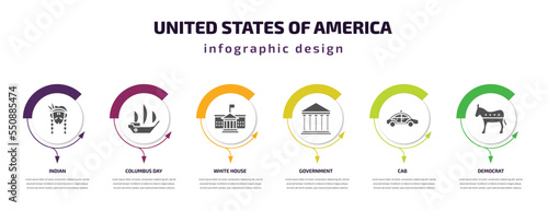 united states of america infographic element with filled icons and 6 step or option. united states of america icons such as indian, columbus day, white house, government, cab, democrat vector. can