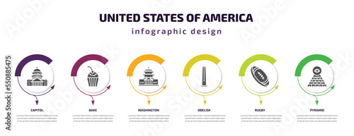 united states of america infographic element with filled icons and 6 step or option. united states of america icons such as capitol, bake, washington, obelisk, rugby, pyramid vector. can be used for
