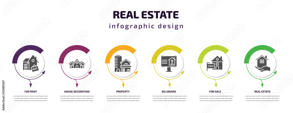 real estate infographic element with filled icons and 6 step or option. real estate icons such as for rent, house decoration, property, billboard, for sale, real estate vector. can be used for real estate infographic element with filled icons and 6 step or option. real estate icons such as for rent, house decoration, property, billboard, for sale, real estate vector. can be used for