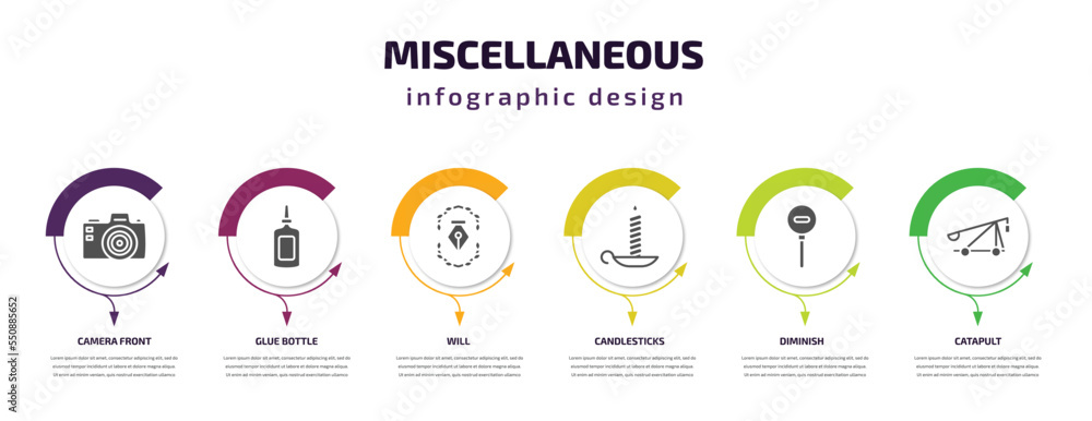 miscellaneous infographic element with filled icons and 6 step or option. miscellaneous icons such as camera front, glue bottle, will, candlesticks, diminish, catapult vector. can be used for miscellaneous infographic element with filled icons and 6 step or option. miscellaneous icons such as camera front, glue bottle, will, candlesticks, diminish, catapult vector. can be used for
