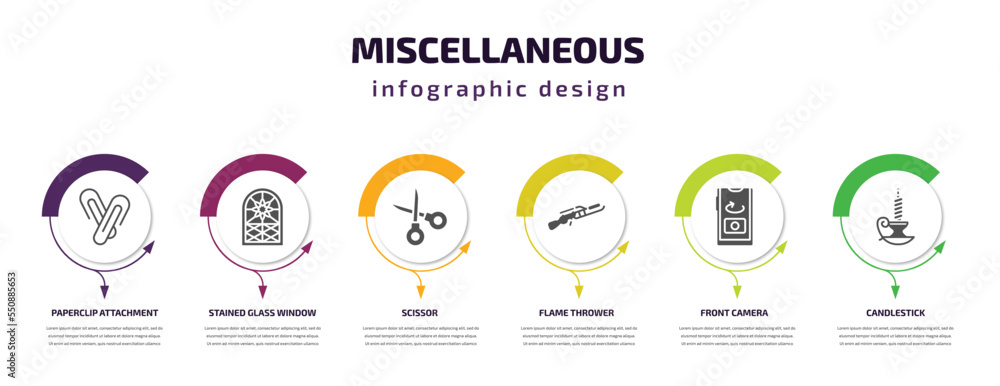 miscellaneous infographic element with filled icons and 6 step or option. miscellaneous icons such as paperclip attachment, stained glass window, scissor, flame thrower, front camera, candlestick