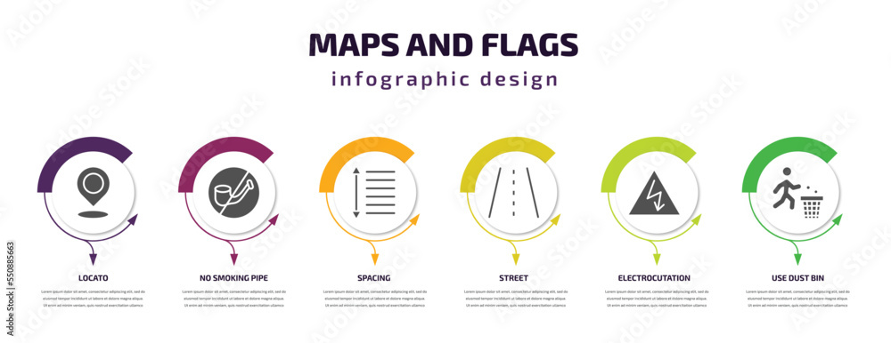 Fototapeta premium maps and flags infographic element with filled icons and 6 step or option. maps and flags icons such as locato, no smoking pipe, spacing, street, electrocutation danger, use dust bin vector. can be