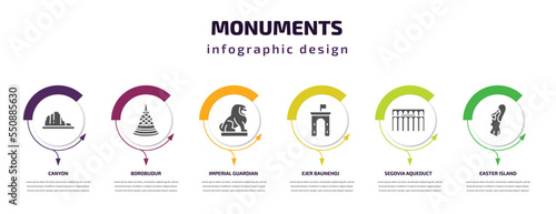 monuments infographic element with filled icons and 6 step or option. monuments icons such as canyon, borobudur, imperial guardian lion, ejer baunehoj, segovia aqueduct, easter island vector. can be