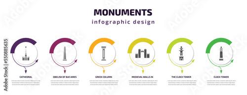 monuments infographic element with filled icons and 6 step or option. monuments icons such as cathedral, obelisk of bue aires, greek column, medieval walls in avila, the clock tower, clock tower