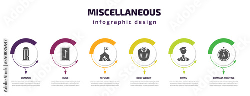 miscellaneous infographic element with filled icons and 6 step or option. miscellaneous icons such as granary, rune, refugee, body weight, swiss, compass pointing north vector. can be used for