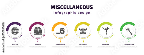 miscellaneous infographic element with filled icons and 6 step or option. miscellaneous icons such as beer cap, product, adhesive tape, fun glasses, muay thai, carpet beater vector. can be used for